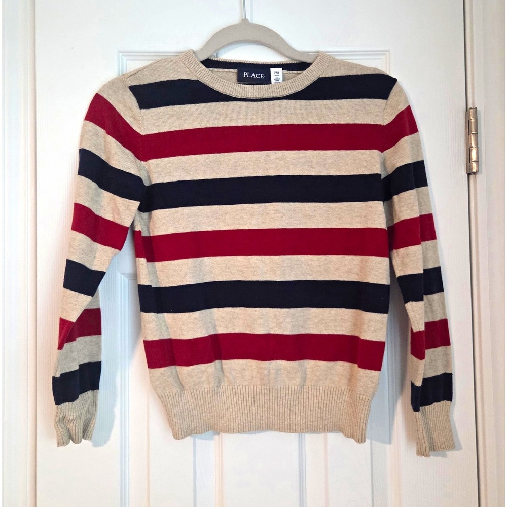 The Childrens Place Boys Striped Knit Sweater Red Navy Khaki Cotton Size M 7-8
